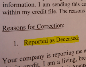 reported as deceased dispute letter Joseph P. McClelland, LLC